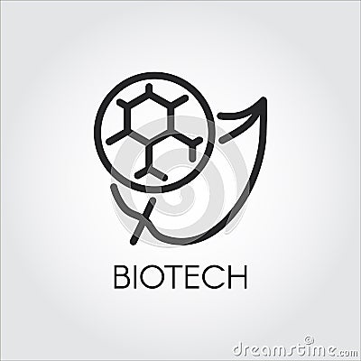 Line icon of leaf and molecule symbolizing biotech. Simplicity black emblem of biotechnology concept. Vector logo Vector Illustration