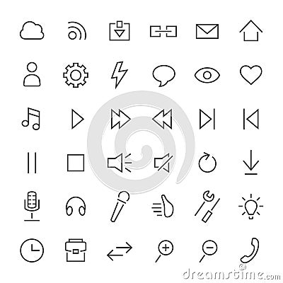 Line icon set. Media, music, basic settings Vector Illustration