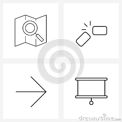 Line Icon Set of 4 Modern Symbols of location, direction, search, disconnect, media Vector Illustration