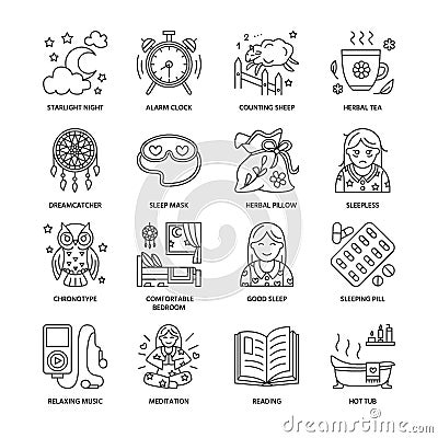 Line icon of sleepless and healthy sleep. Elements - clock, pillow, pills, dream catcher, counting sheep. Linear pictogram Vector Illustration