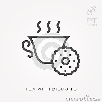 Line icon tea with biscuits Vector Illustration