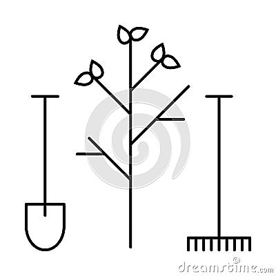 Line icon tool shovel and rake Vector Illustration