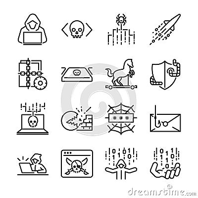 Hacker icon set. Included the icons as hacking, malware, worm, spyware, computer virus, criminal and more. Vector Illustration