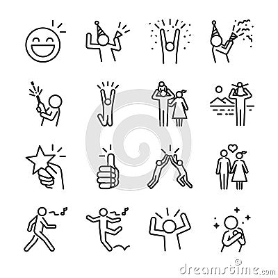 Happy line icon set. Included the icons as fun, enjoy, party, good mood, celebrate, success and more. Vector Illustration