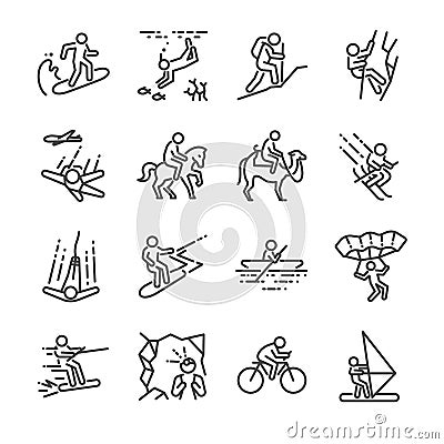 Travel activities line icon set. Included the icons as sailing, skiing, parachute, horse riding, biking, cycling and more. Vector Illustration