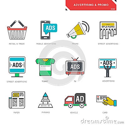 Line icons of advertising marketing product promotion vector Vector Illustration