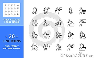 Line icons about businesswoman. Pixel perfect 64x64 and editable stroke Vector Illustration