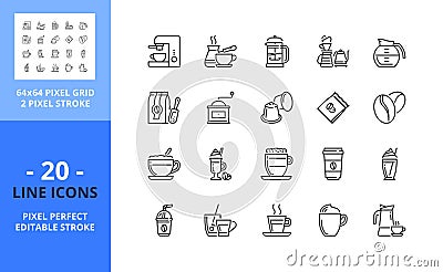 Line icons about coffee. Pixel perfect 64x64 and editable stroke Vector Illustration