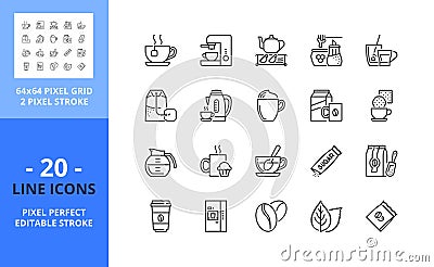 Line icons about coffee and tea. Pixel perfect 64x64 and editable stroke Vector Illustration