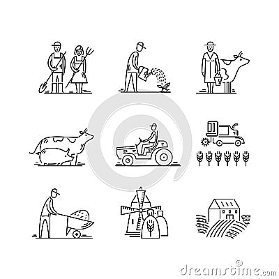 Line icons farming and agriculture Agronomy symbols, people, animals, farm field, agricultural equipment, tractor Vector Illustration