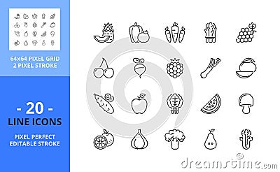 Line icons about fruit and vegetables. Pixel perfect 64x64 and editable stroke Vector Illustration