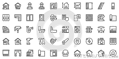 Line icons about home renovation as comprehensive reforms, rehabilitation, construction, architecture and interior design. Vector Illustration