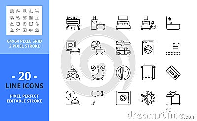 Line icons about hotel. Pixel perfect 64x64 and editable stroke Vector Illustration