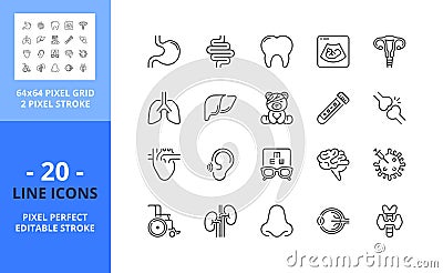 Line icons about medical specialties. Health care. Pixel perfect 64x64 and editable stroke Vector Illustration