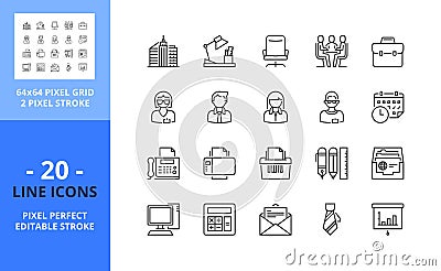 Line icons about office. Business concept. Pixel perfect 64x64 and editable stroke Vector Illustration