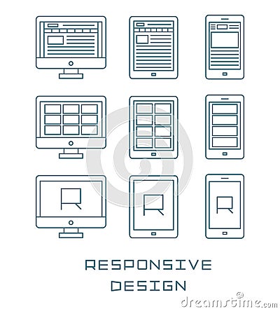 Line icons set flat design responsive web development service, website webpage user interface on different devices Vector Illustration