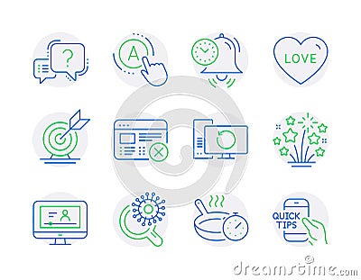 Line icons set. Included icon as Question mark, Target goal, Recovery computer signs. Vector Stock Photo