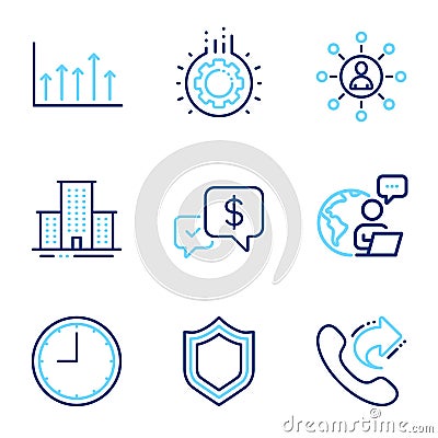 Line icons set. Included icon as Security, Time, Share call signs. Networking, University campus, Gear symbols. Vector Vector Illustration