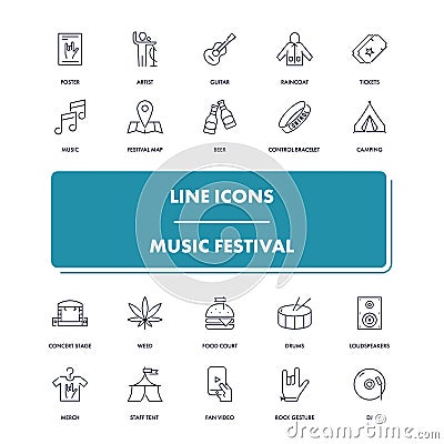 Line icons set. Music festival Vector Illustration