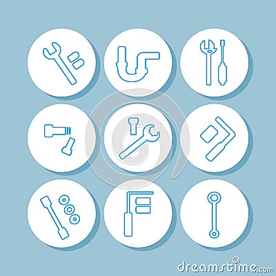 Line icons set for plumbing service. Bath, faucet, toilet, tools, washbasin and pipes vector illustration. Vector Illustration