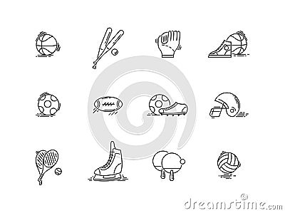 Line icons sport games equipment. Baseball, basketball, football. Vector Illustration