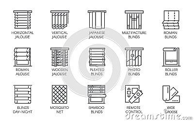 15 line icons of various designs of curtains, blinds, jalousie, mosquito nets and remote control. Vector labels isolated Vector Illustration