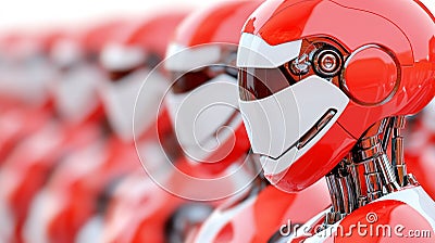 Line of identical red humanoid robots standing in futuristic assembly line representing AI mass production robotic automation Cartoon Illustration