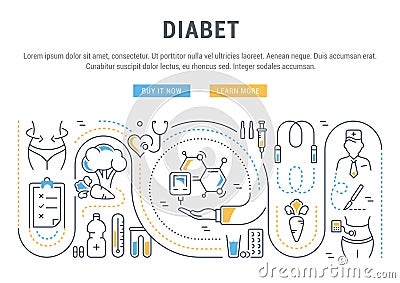 Website Banner and Landing Page of Diabet. Cartoon Illustration