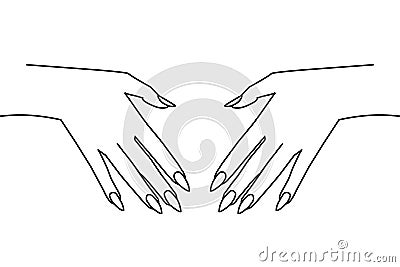 Line illustration of female hands with long nails. Minimalist contour art. Can be used for nail salons, manicure business, Vector Illustration