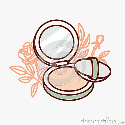 Line illustration makeup powder with mirror icon isolated. Vector handdraw icon with roses. Beauty decorative cosmetics sign Vector Illustration
