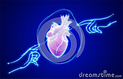 Line illustration of two glowing human hands touching a heart with a finger in the center on a dark blue background Vector Illustration