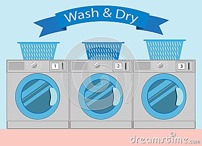 Line of industrial laundry machines in Flat style, laundromat wa Vector Illustration