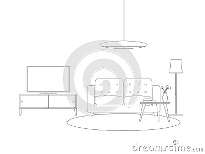 Line interior of living room with furniture Vector Illustration