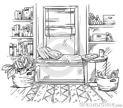 Line interior sketch, a cozy window seat with bookshelves on the side, black and white drawing Vector Illustration