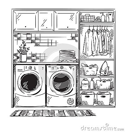 Line interior sketch, modern laundry room, black and white drawing Vector Illustration