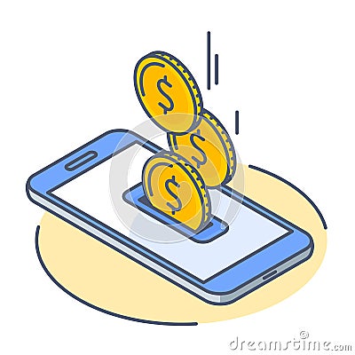 Line isometric illustration of coins droping into smart phone screen Vector Illustration