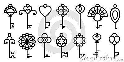 Line keys collection. Black outline illustration. Creative pictograms set. Hearts, flowers, ornament Vector Illustration