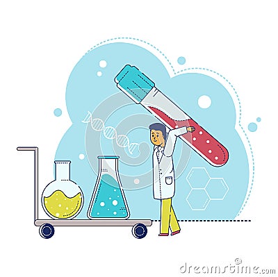 Line laboratory research vector illustration, cartoon flat tiny scientist character making experiment test in test tube Cartoon Illustration