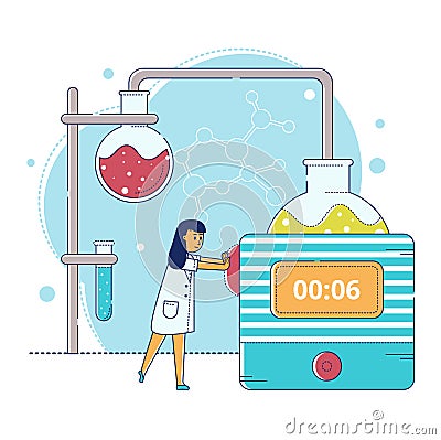 Line laboratory research vector illustration, cartoon flat tiny scientist character making experiment test in test tube Cartoon Illustration
