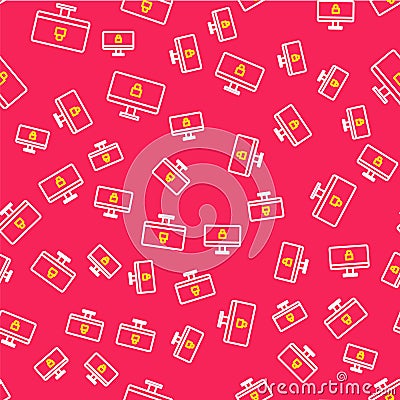 Line Lock on computer monitor screen icon isolated seamless pattern on red background. Security, safety, protection Vector Illustration