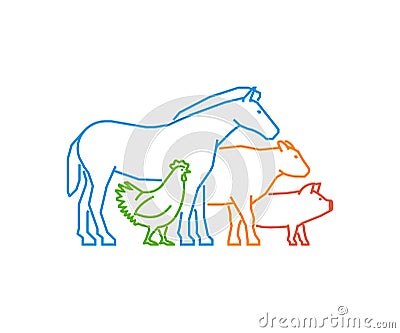 Line logo for farmers market. Linear farm animals on a white background. Stock Photo