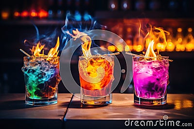 Line of many colorful alcoholic cocktails on a bar in a nightclub on dark. Generative AI Stock Photo