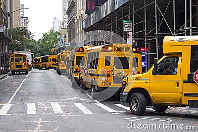 Line of many School busses back to school urban city kids New York city, USA, 09/30/2018 Editorial Stock Photo