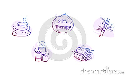 Line massage wellness icons set of spa stones, bamboo, hot rolled towels, candles. Relaxation therapy concept with logo Vector Illustration