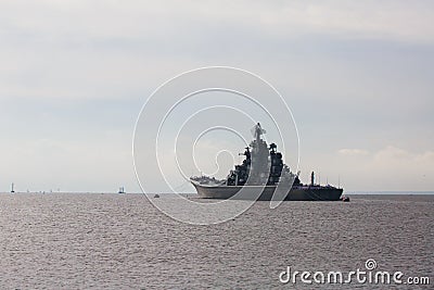 A line of modern russian military naval battleships warships in the row, northern fleet and baltic sea fleet in the open sea Editorial Stock Photo