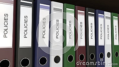 Line of multicolor office binders with Policies tags 3D rendering Stock Photo