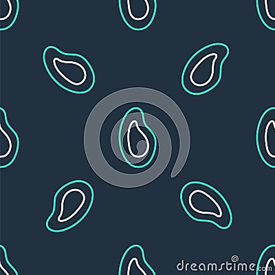 Line Mussel icon isolated seamless pattern on black background. Fresh delicious seafood. Vector Vector Illustration