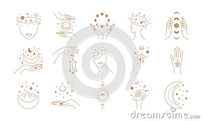Line mystic set. Abstract decorative pint bundle, magic fortune elements with woman face. Vector isolated collection Stock Photo