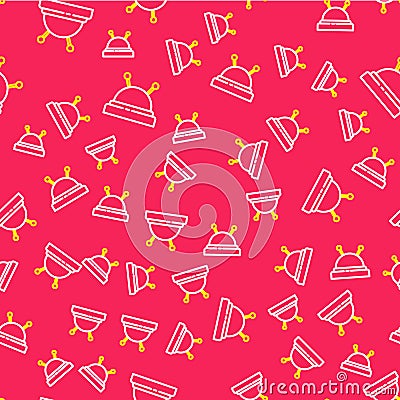 Line Needle bed and needles icon isolated seamless pattern on red background. Handmade and sewing theme. Vector Stock Photo
