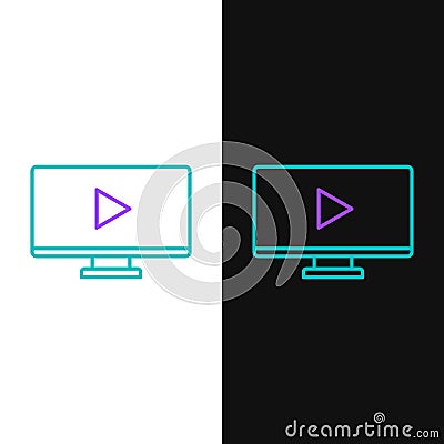 Line Online play video icon isolated on white and black background. Computer monitor and film strip with play sign Vector Illustration